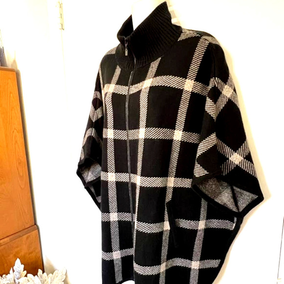 KINROSS LUXE 100% CASHMERE BLACK & SUEDE PLAID ZIP MOCK PONCHO OS ONE SIZE - Picture 6 of 14